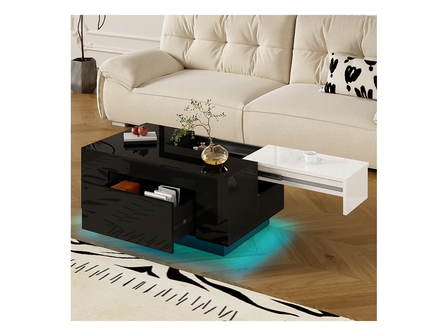 Table basse noire avec plateau blanc rétractable et 1 tiroir de rangement - Éclairage LED