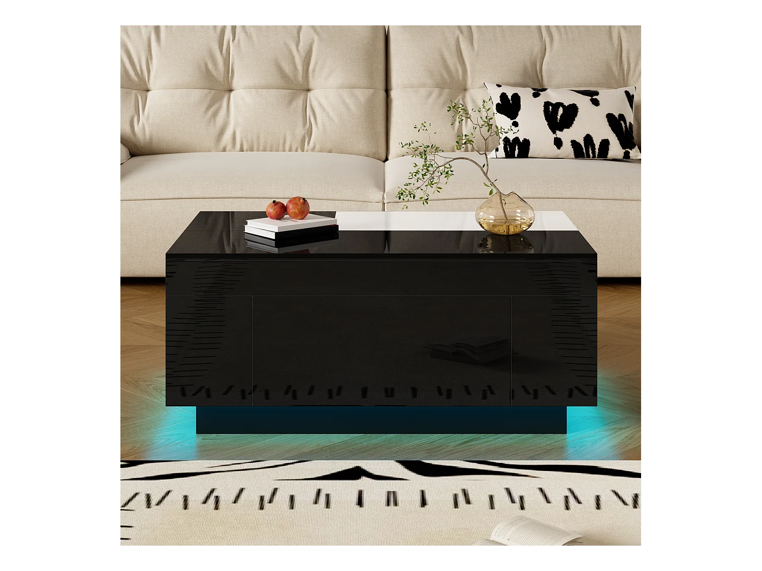 Table basse noire avec plateau blanc rétractable et 1 tiroir de rangement - Éclairage LED