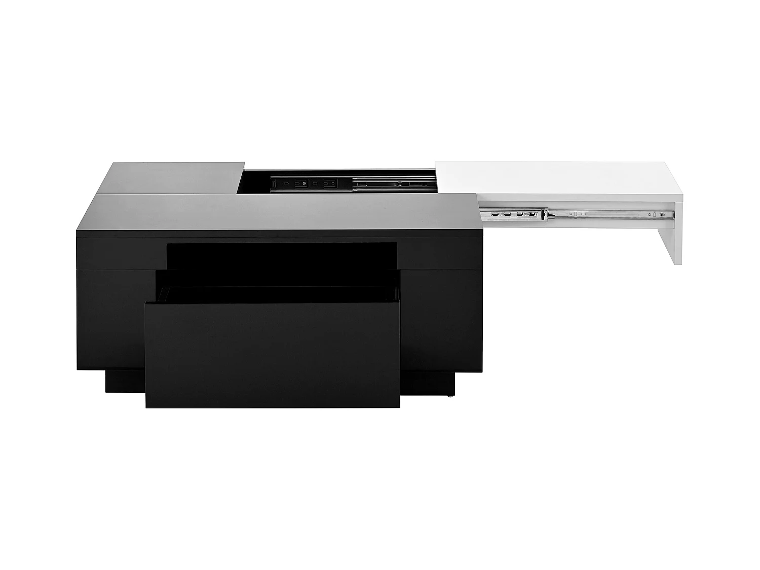 Table basse noire avec plateau blanc rétractable et 1 tiroir de rangement - Éclairage LED