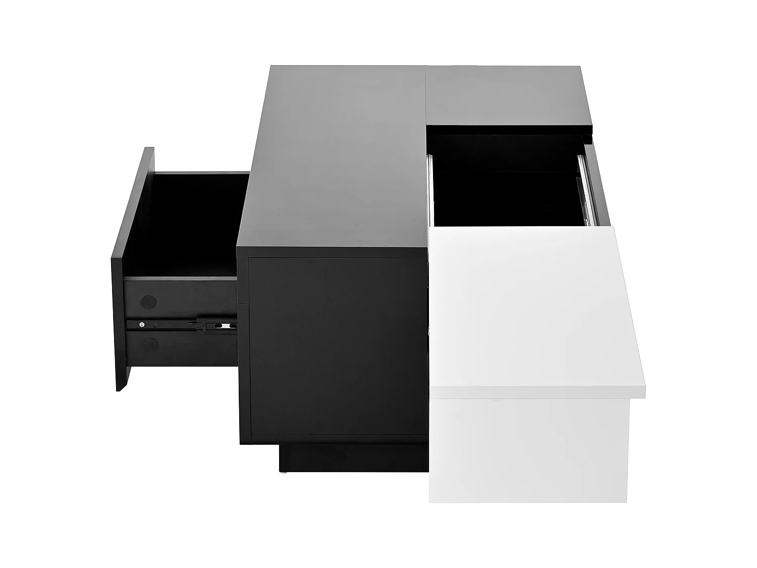 Table basse noire avec plateau blanc rétractable et 1 tiroir de rangement - Éclairage LED