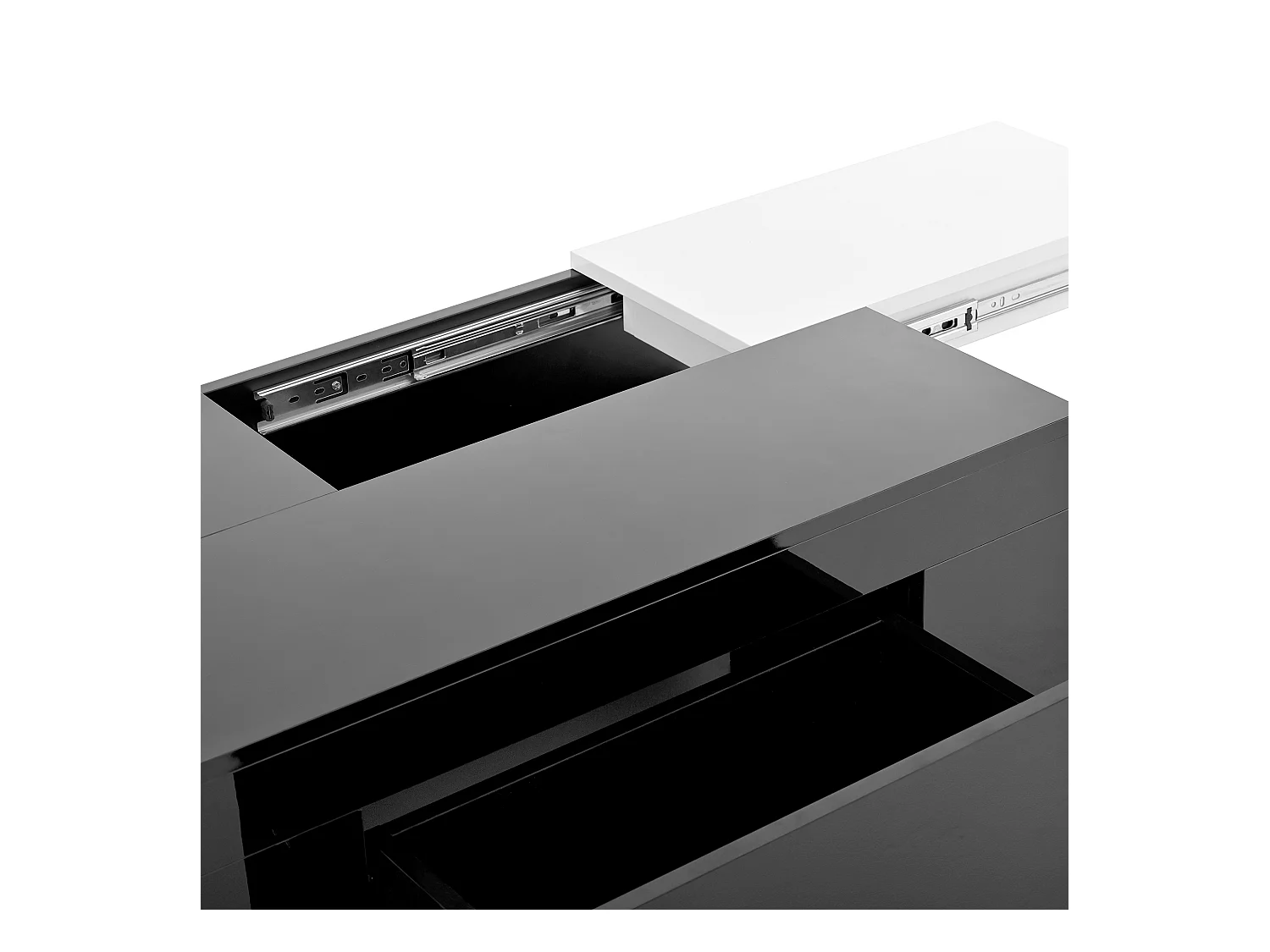 Table basse noire avec plateau blanc rétractable et 1 tiroir de rangement - Éclairage LED