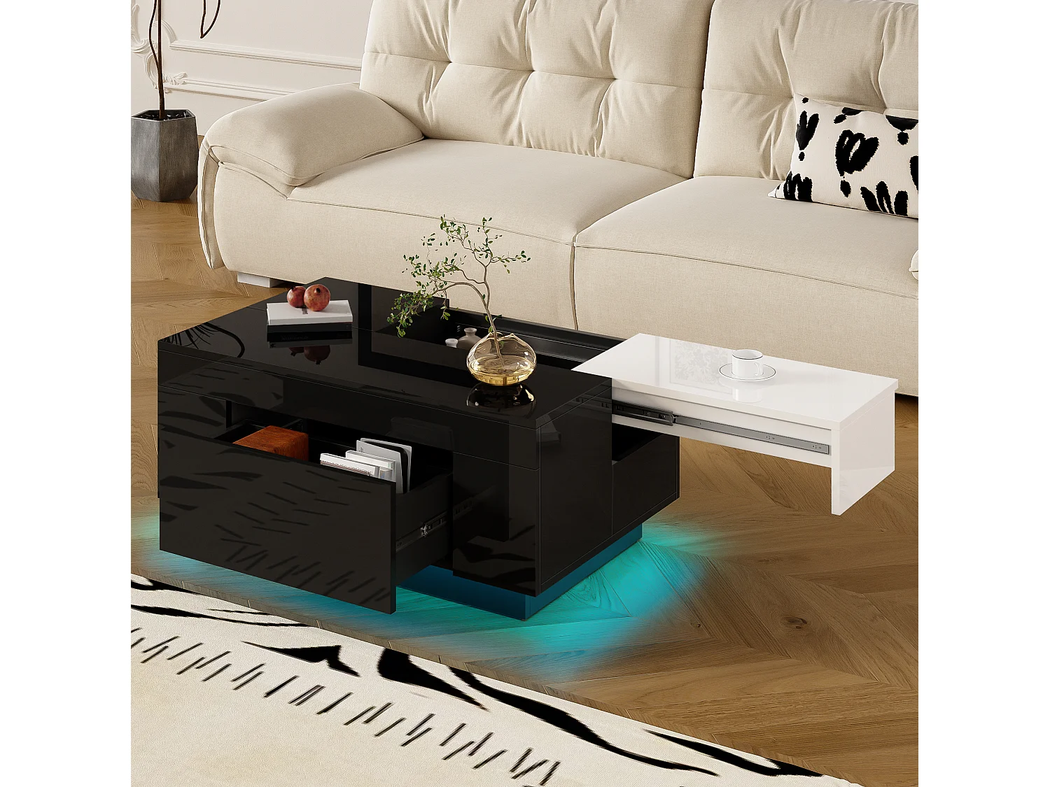 Table basse noire avec plateau blanc rétractable et 1 tiroir de rangement - Éclairage LED