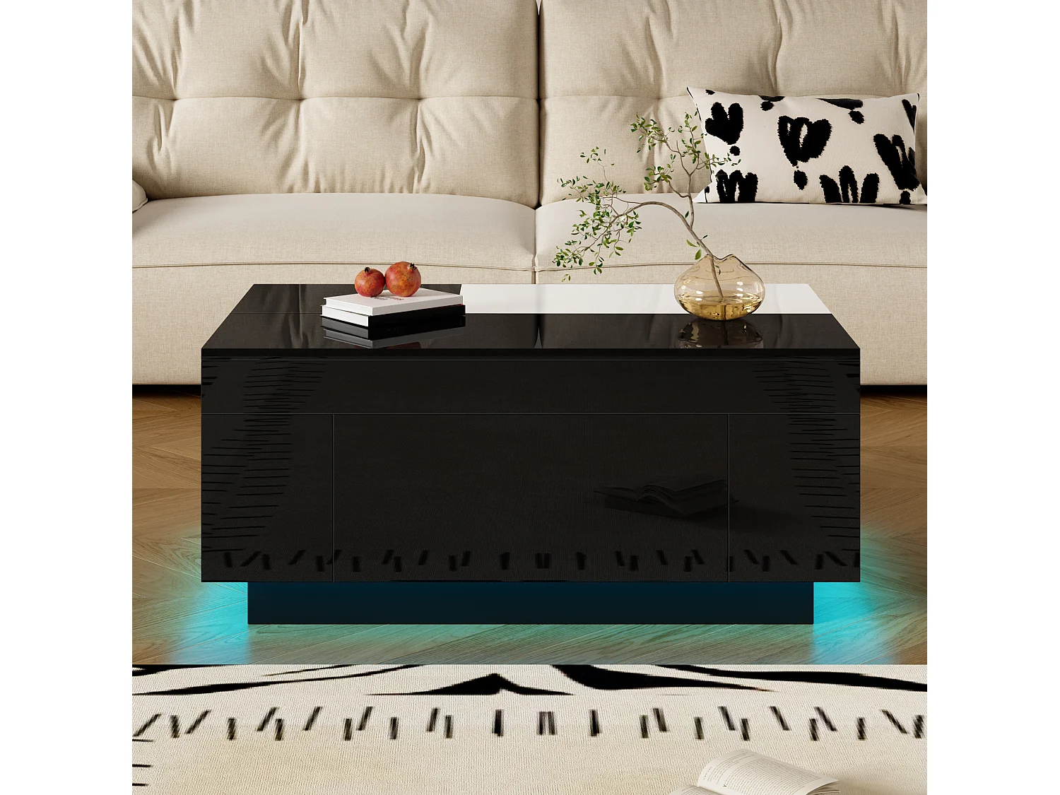 Table basse noire avec plateau blanc rétractable et 1 tiroir de rangement - Éclairage LED