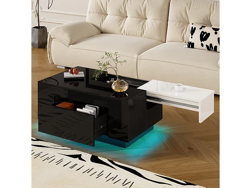 Zwarte salontafel met uitschuifbaar wit blad en 1 opberglade - LED-verlichting