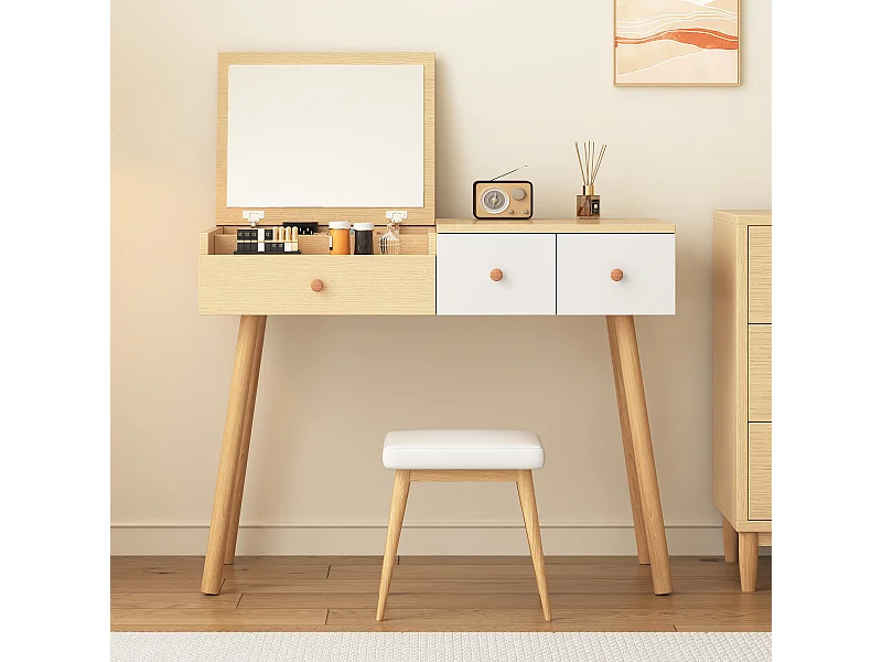 Slaapkamer kaptafel met 1 spiegel en 3 opberglades, houten poten - wit en natuurlijk