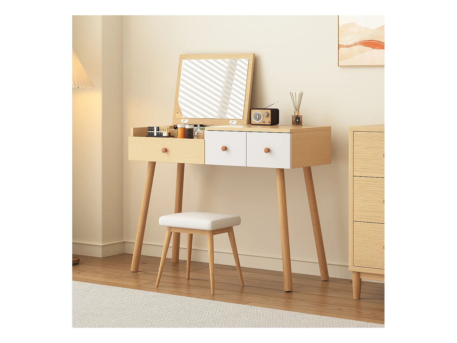 Slaapkamer kaptafel met 1 spiegel en 3 opberglades, houten poten - wit en natuurlijk