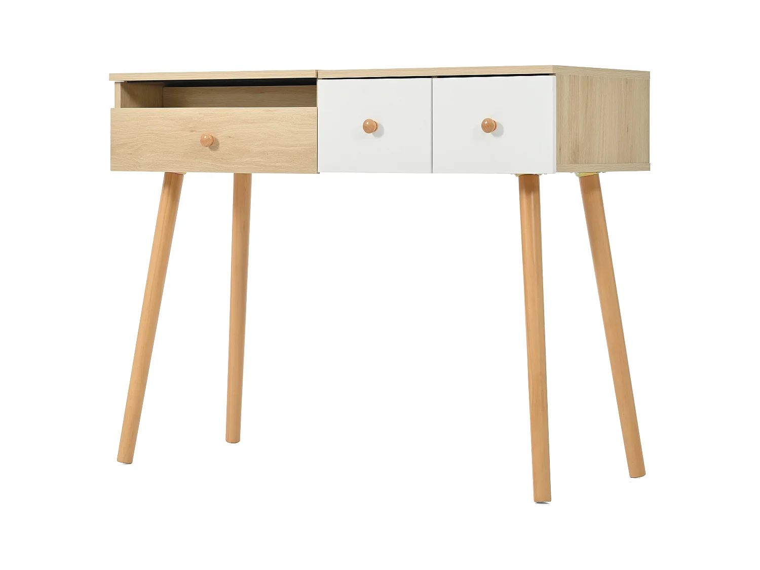 Slaapkamer kaptafel met 1 spiegel en 3 opberglades, houten poten - wit en natuurlijk