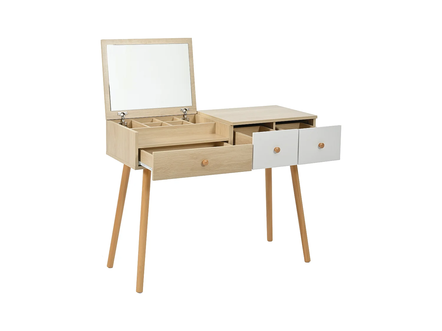 Slaapkamer kaptafel met 1 spiegel en 3 opberglades, houten poten - wit en natuurlijk