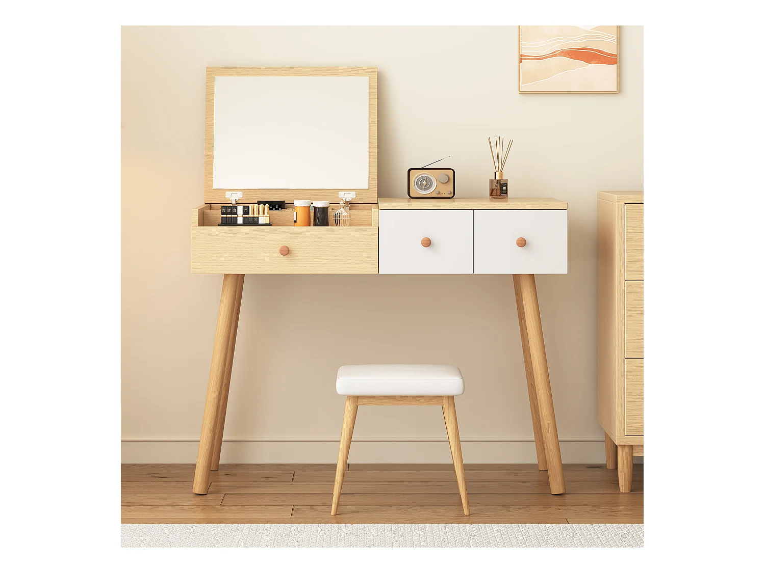Coiffeuse de chambre avec 1 miroir et 3 tiroirs de rangement, pieds en bois - blanc et naturel