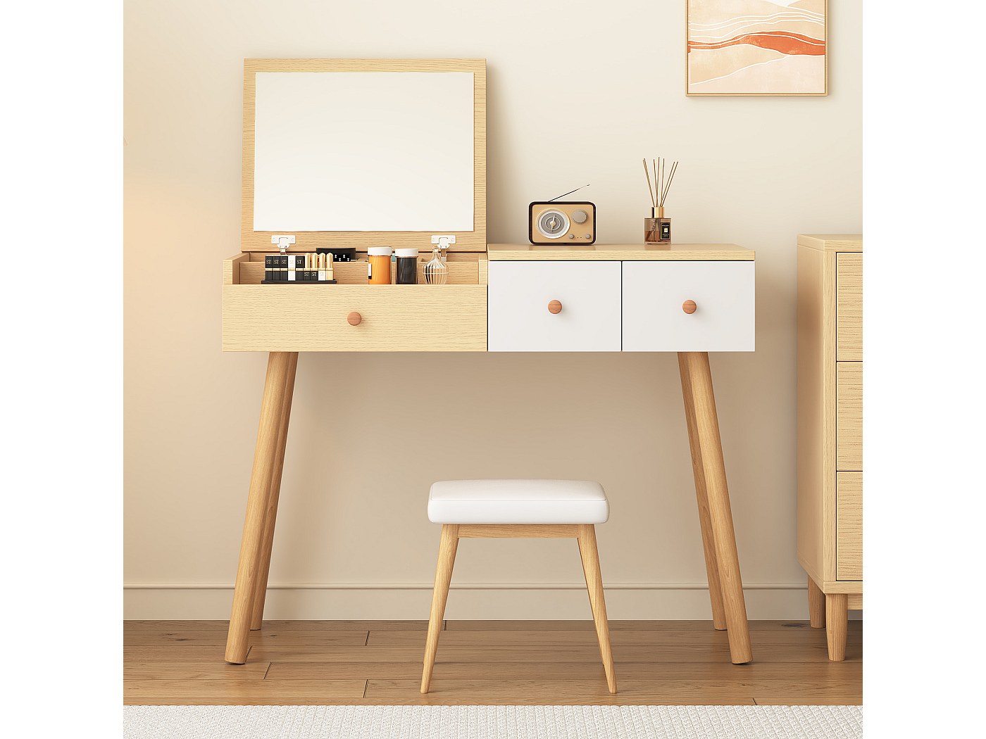 Coiffeuse de chambre avec 1 miroir et 3 tiroirs de rangement, pieds en ...
