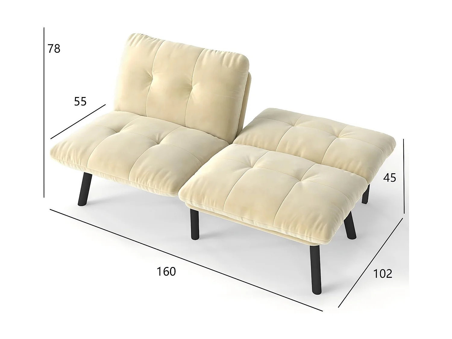2-Sitzer Schlafsofa aus beigem Samt mit verstellbarer Rückenlehne - modernes Design
