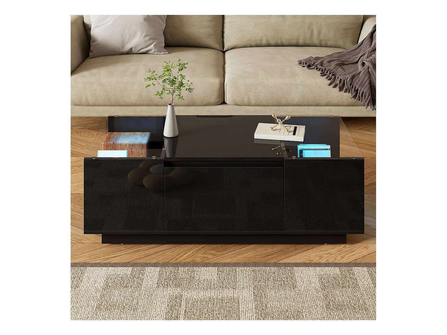 Table basse noire avec 2 tiroirs de rangement, panneaux latéraux en verre et éclairage LED