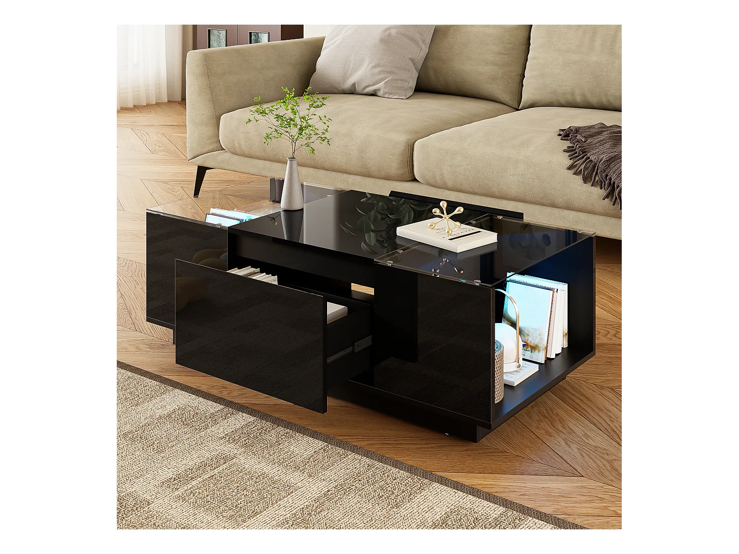 Table basse noire avec 2 tiroirs de rangement, panneaux latéraux en verre et éclairage LED