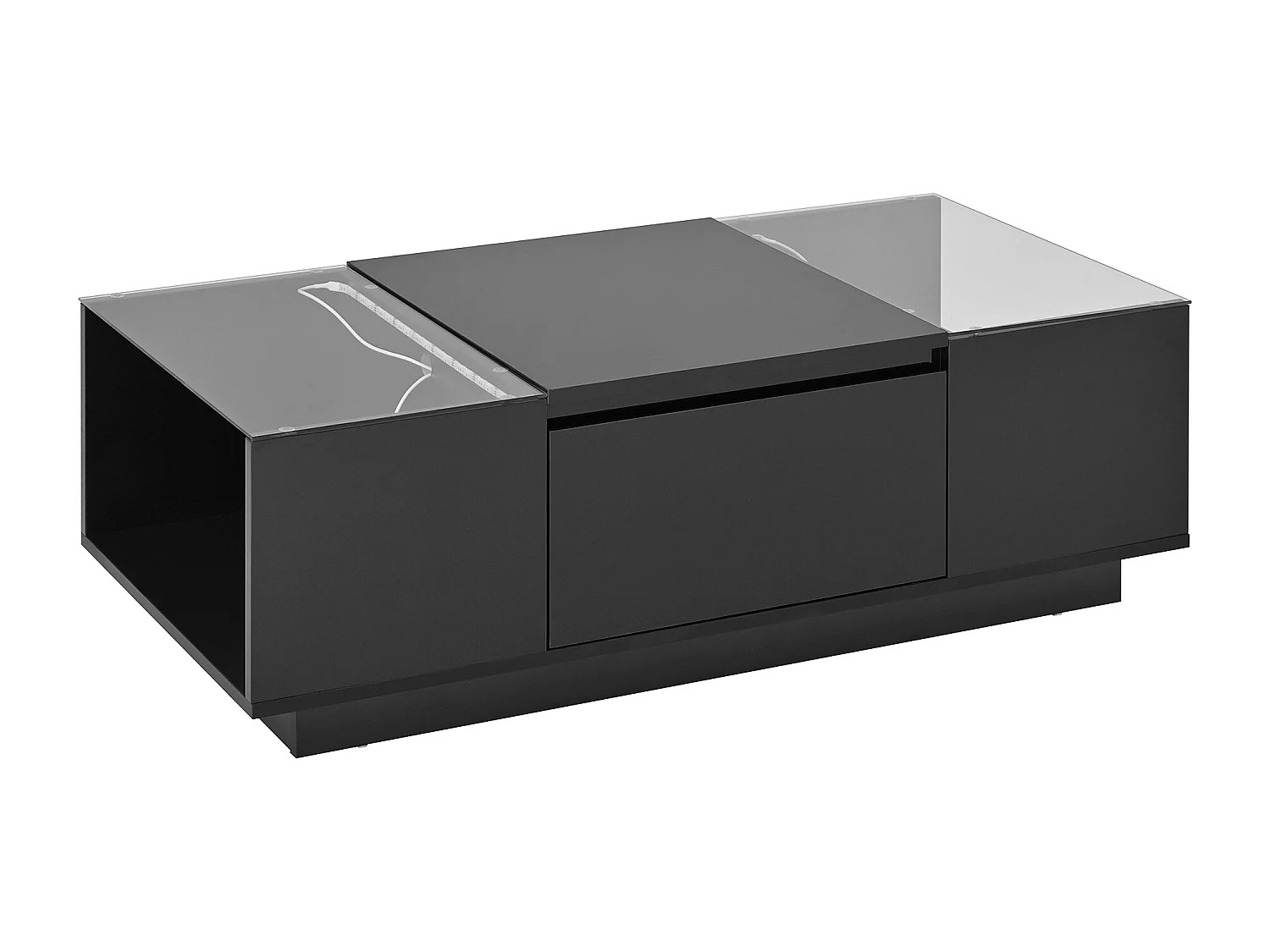 Zwarte salontafel met 2 opbergladen, glazen zijpanelen en LED-verlichting