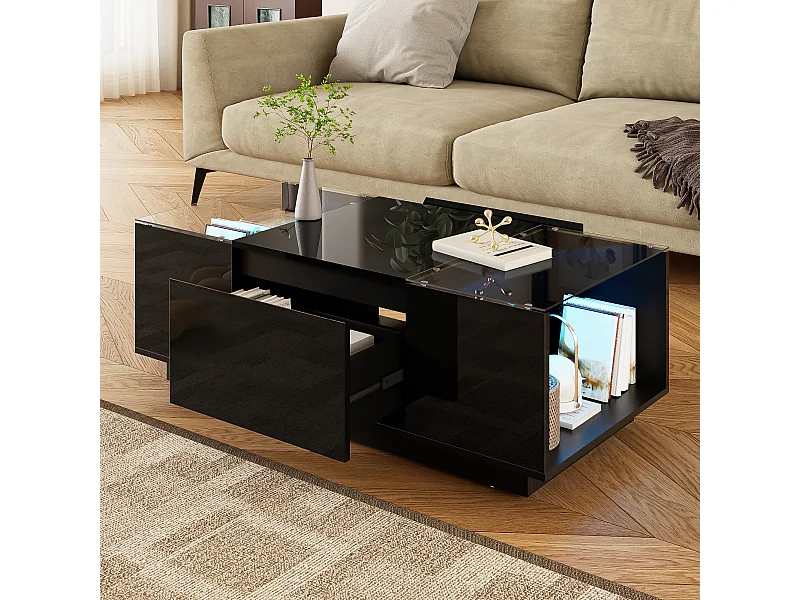 Table basse noire avec 2 tiroirs de rangement, panneaux latéraux en verre et éclairage LED