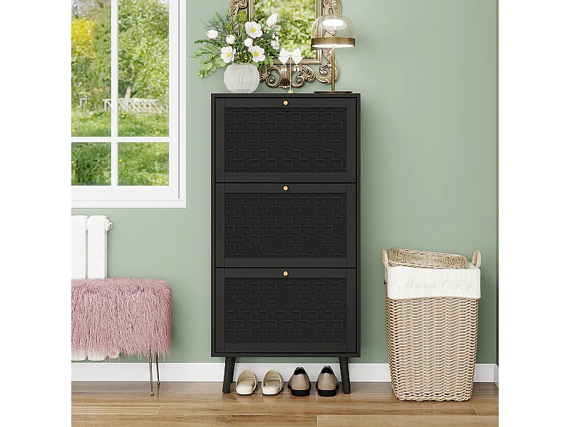 Schwarzer Schuhschrank mit 3 Klapptüren und goldenen Griffen – ideal für Eingangsbereich und Flur