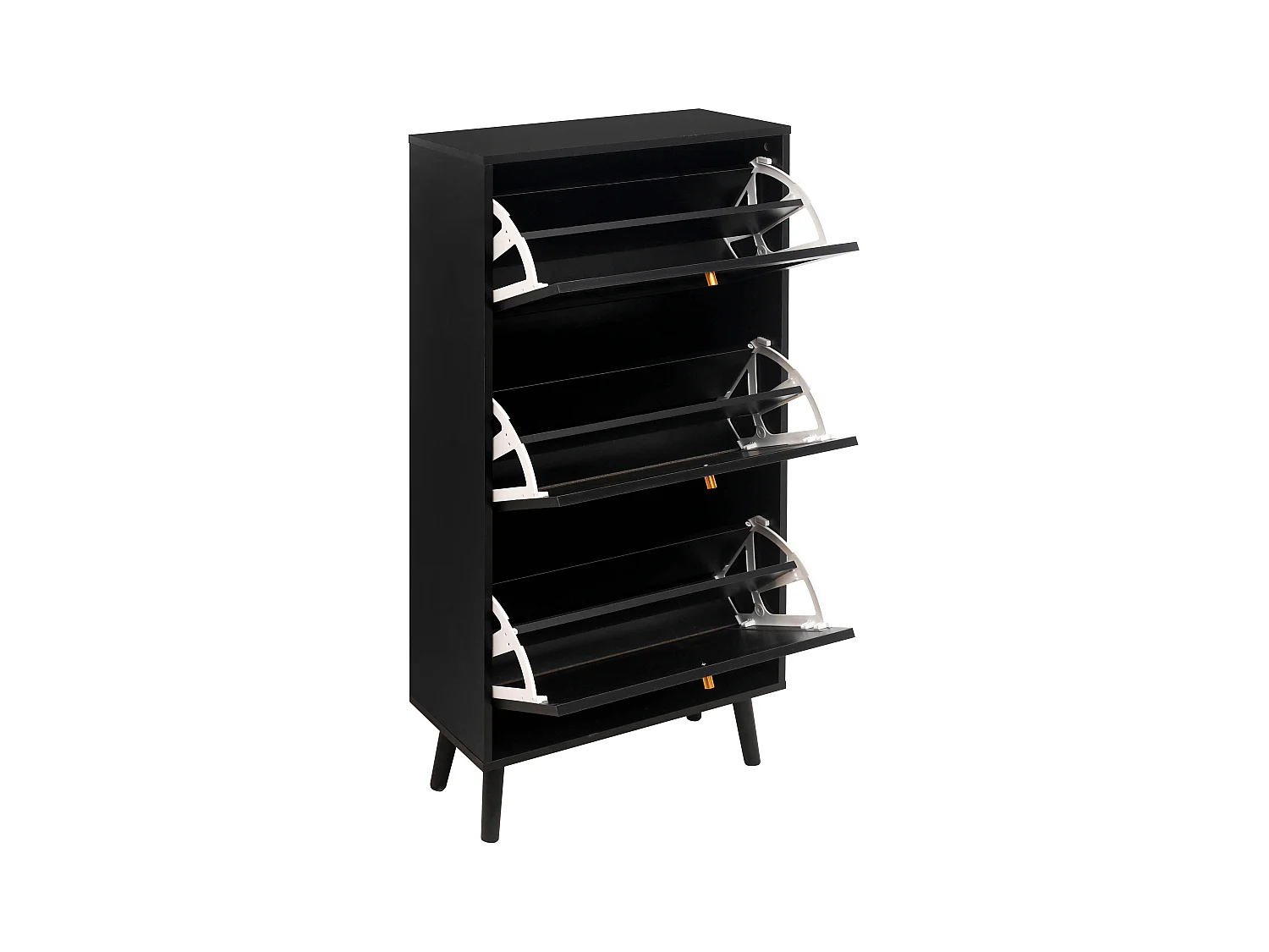 Meuble à chaussures noir avec 3 portes basculantes et poignées dorées - pour entrée et couloir