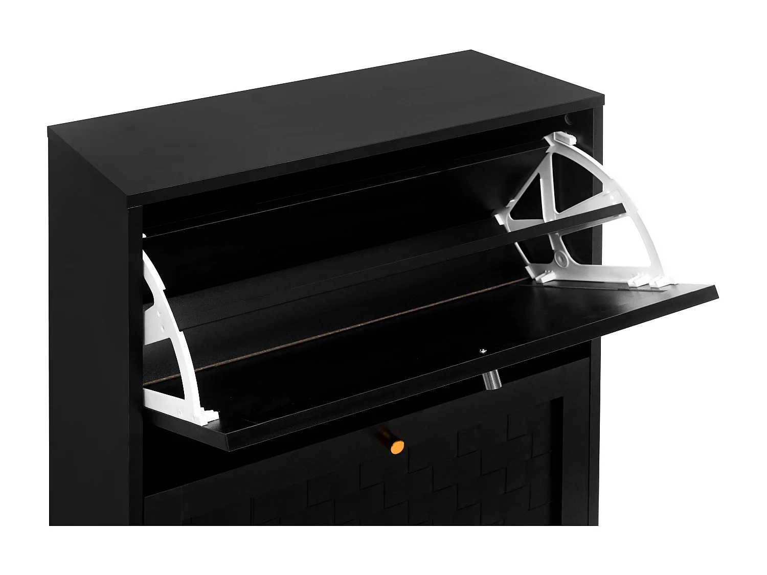 Czarna szafka na buty z 3 uchylnymi drzwiami i złotymi uchwytami – idealna do przedpokoju i korytarza