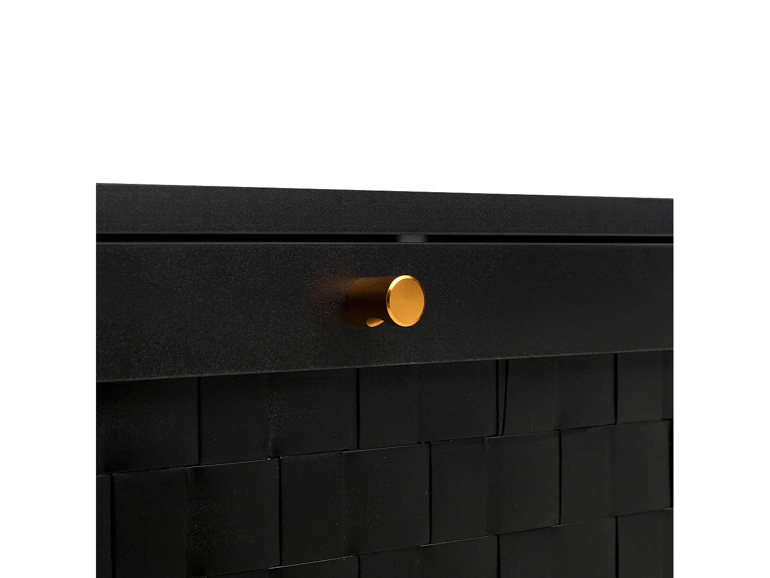 Czarna szafka na buty z 3 uchylnymi drzwiami i złotymi uchwytami – idealna do przedpokoju i korytarza