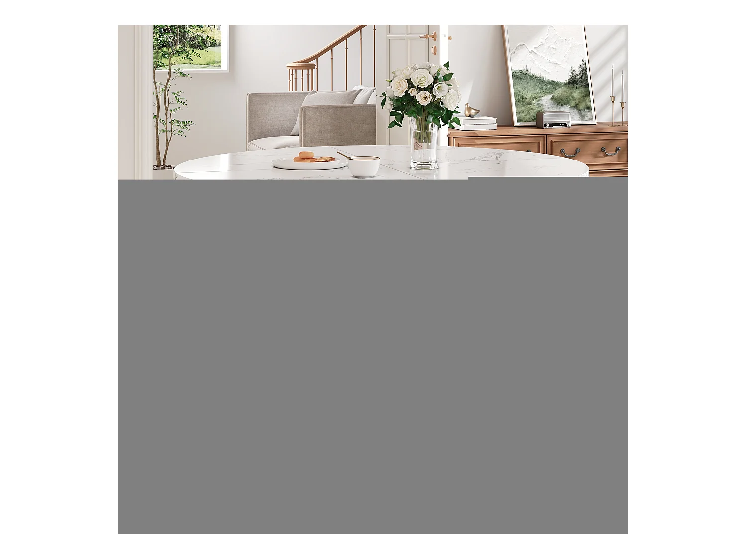 Table à manger ronde 100 cm, plateau en MDF effet marbre PVC, pieds en métal noir - pour salle à manger et salon