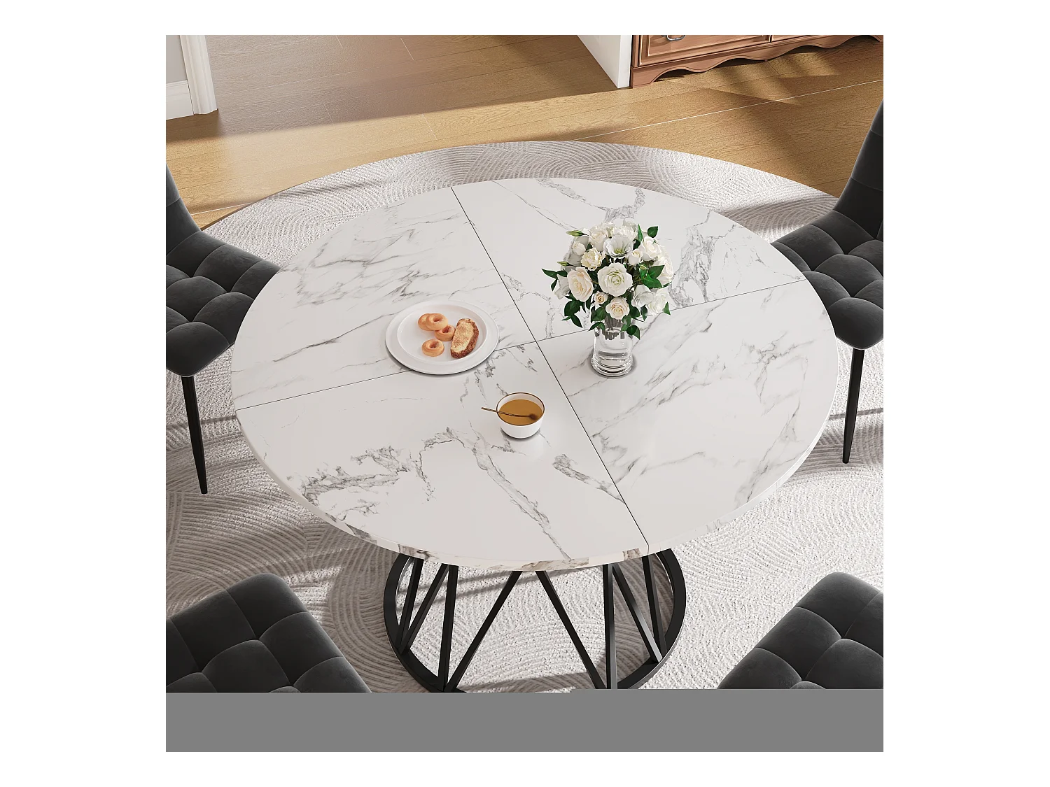 Table à manger ronde 100 cm, plateau en MDF effet marbre PVC, pieds en métal noir - pour salle à manger et salon