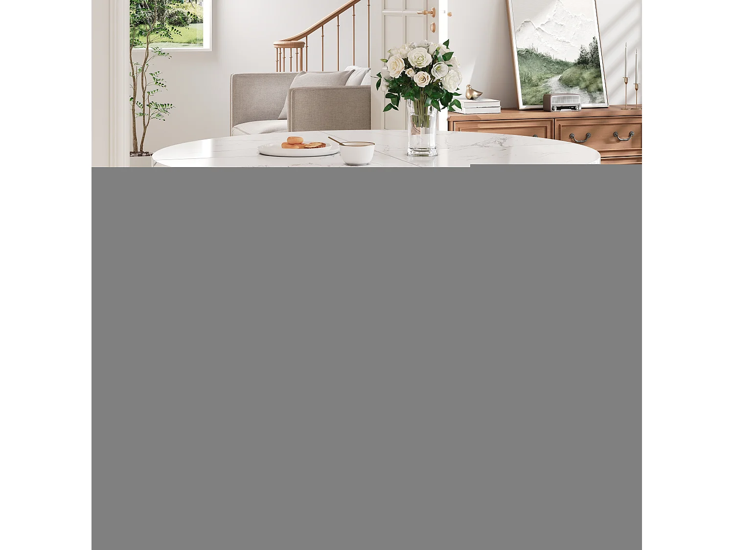 Mesa de comedor redonda de 100 cm, tablero de MDF de PVC efecto mármol, patas de metal negro - para comedor y salón