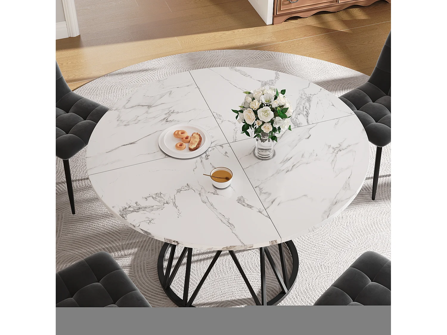 Mesa de comedor redonda de 100 cm, tablero de MDF de PVC efecto mármol, patas de metal negro - para comedor y salón
