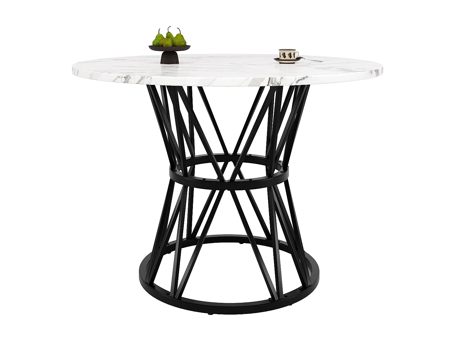 Mesa de comedor redonda de 100 cm, tablero de MDF de PVC efecto mármol, patas de metal negro - para comedor y salón