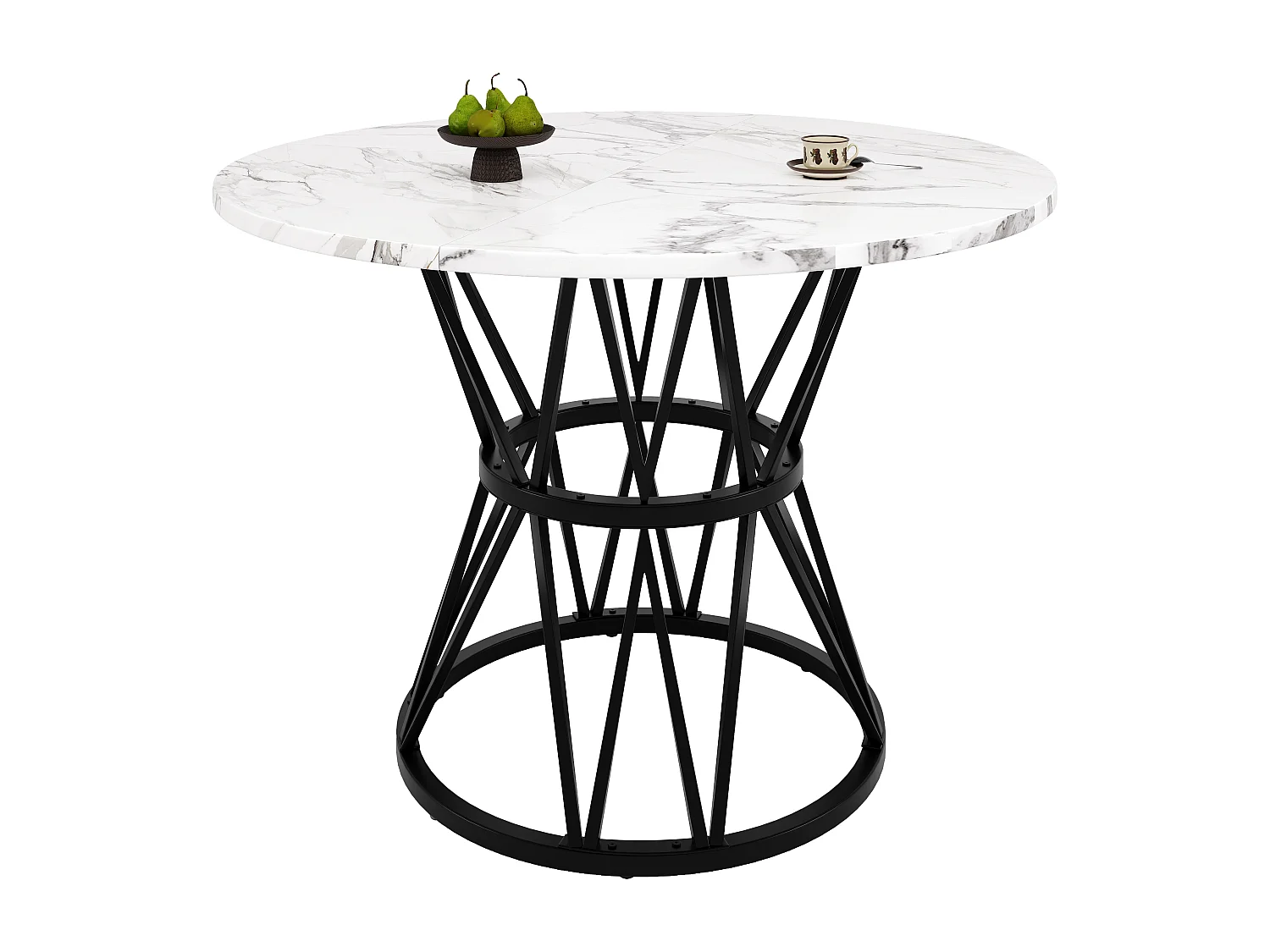 Mesa de comedor redonda de 100 cm, tablero de MDF de PVC efecto mármol, patas de metal negro - para comedor y salón