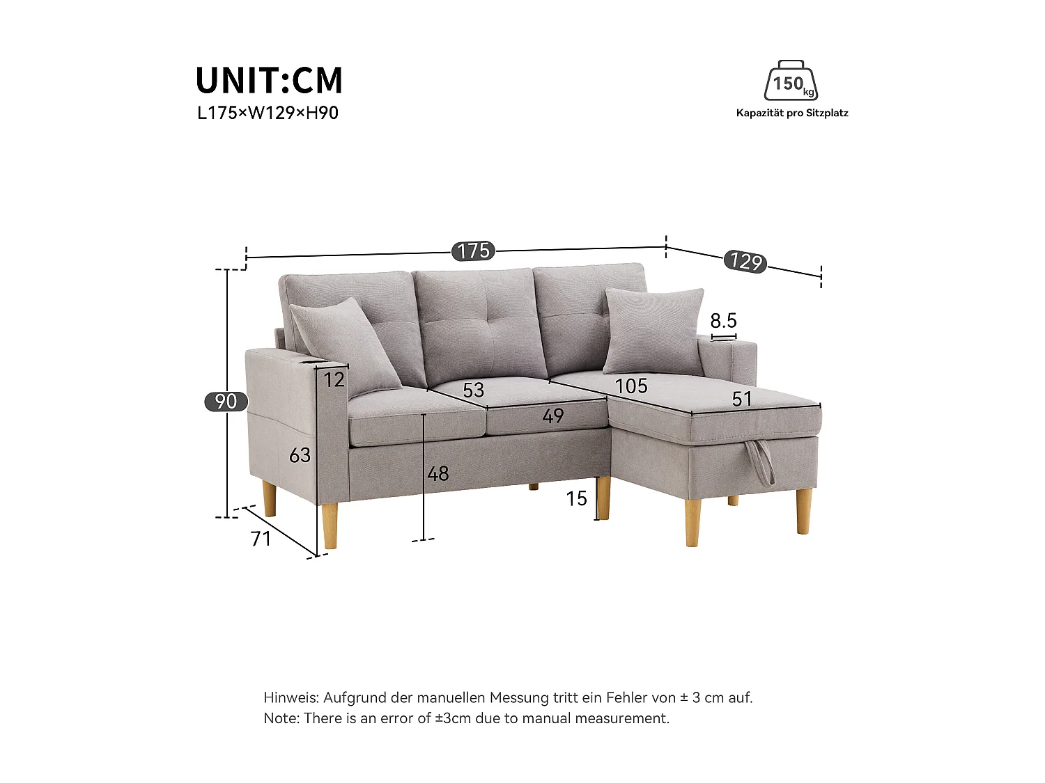 Driezitshoekbank met opbergruimte, kussens en bekerhouders - lichtgrijs katoen en linnen