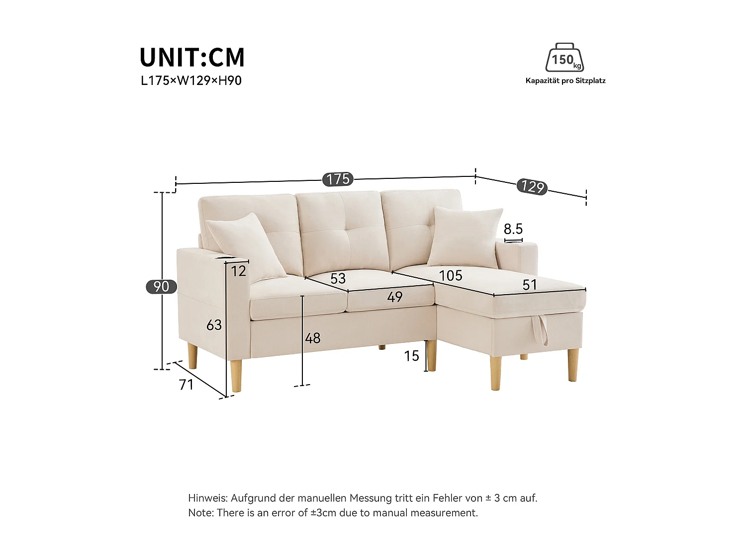 Canapé d'angle 3 places avec coffre de rangement,  coussins et porte-gobelets - coton et lin beige