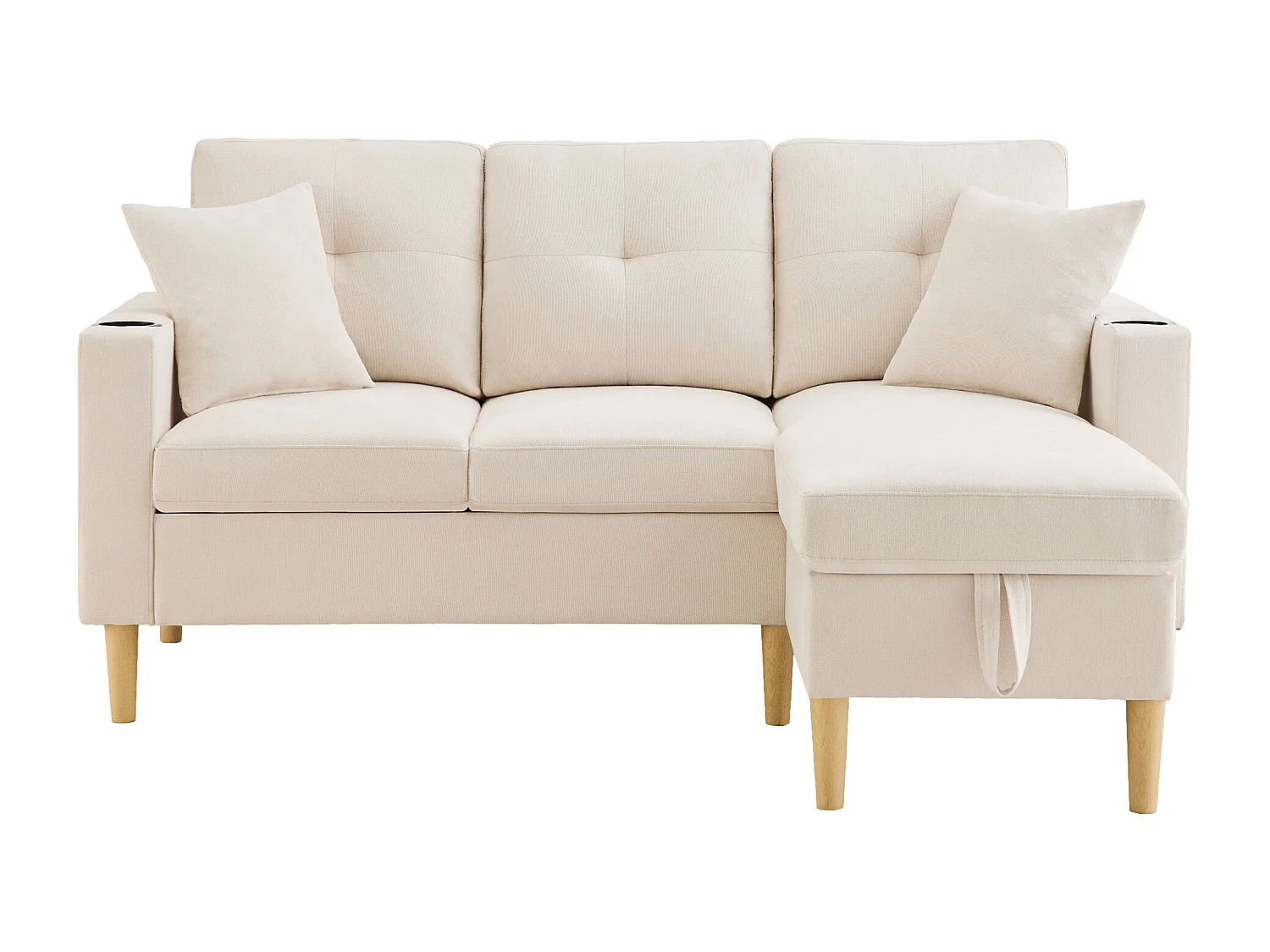 Canapé d'angle 3 places avec coffre de rangement,  coussins et porte-gobelets - coton et lin beige