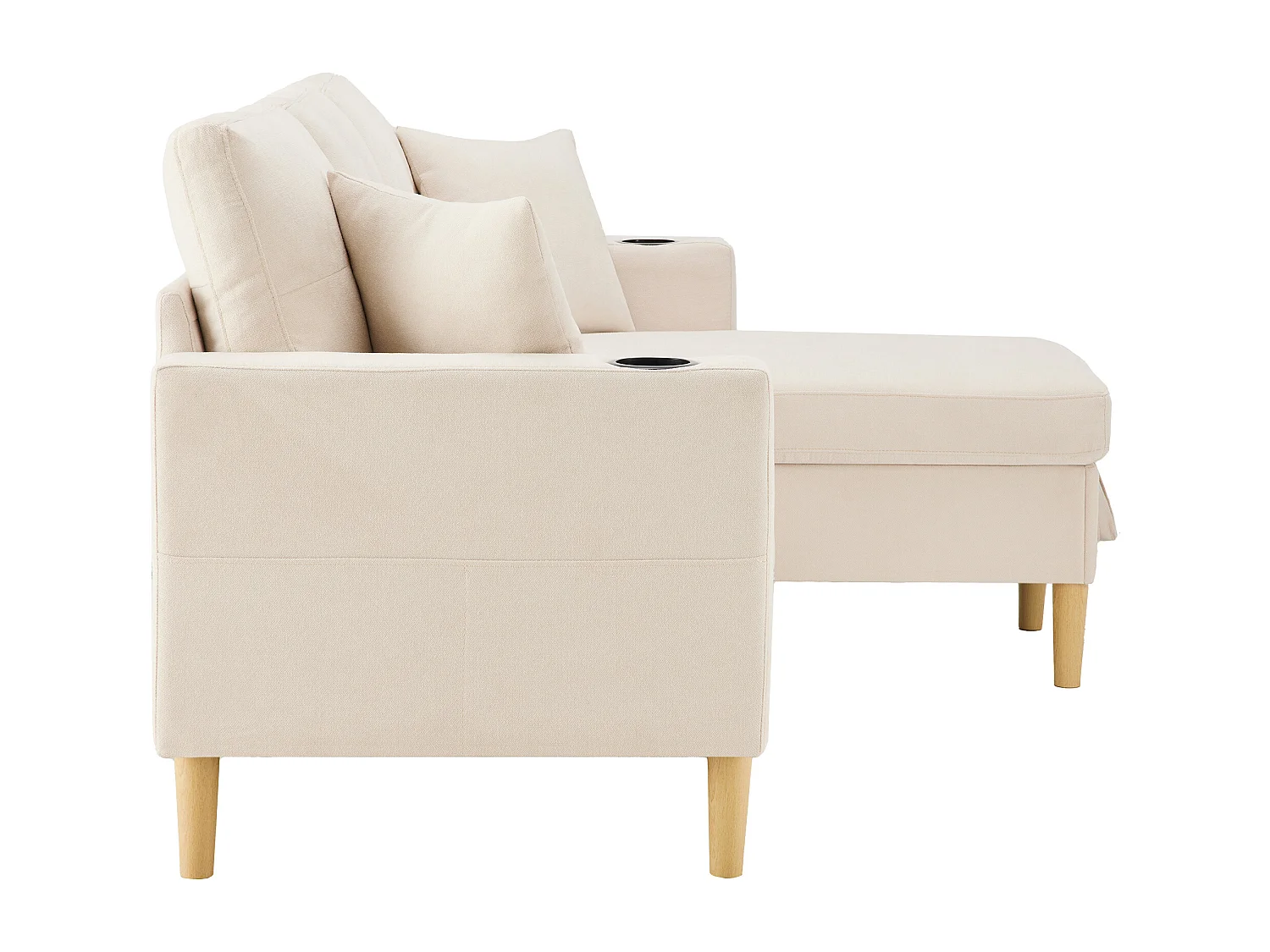 Canapé d'angle 3 places avec coffre de rangement,  coussins et porte-gobelets - coton et lin beige