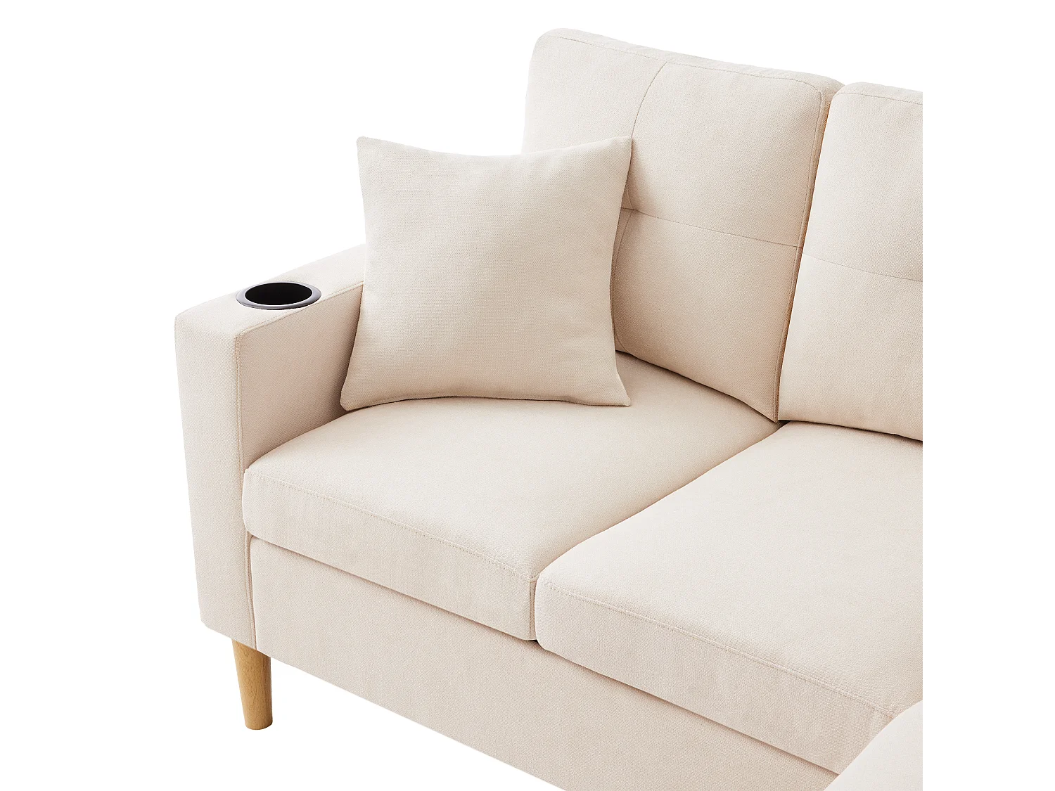 Canapé d'angle 3 places avec coffre de rangement,  coussins et porte-gobelets - coton et lin beige