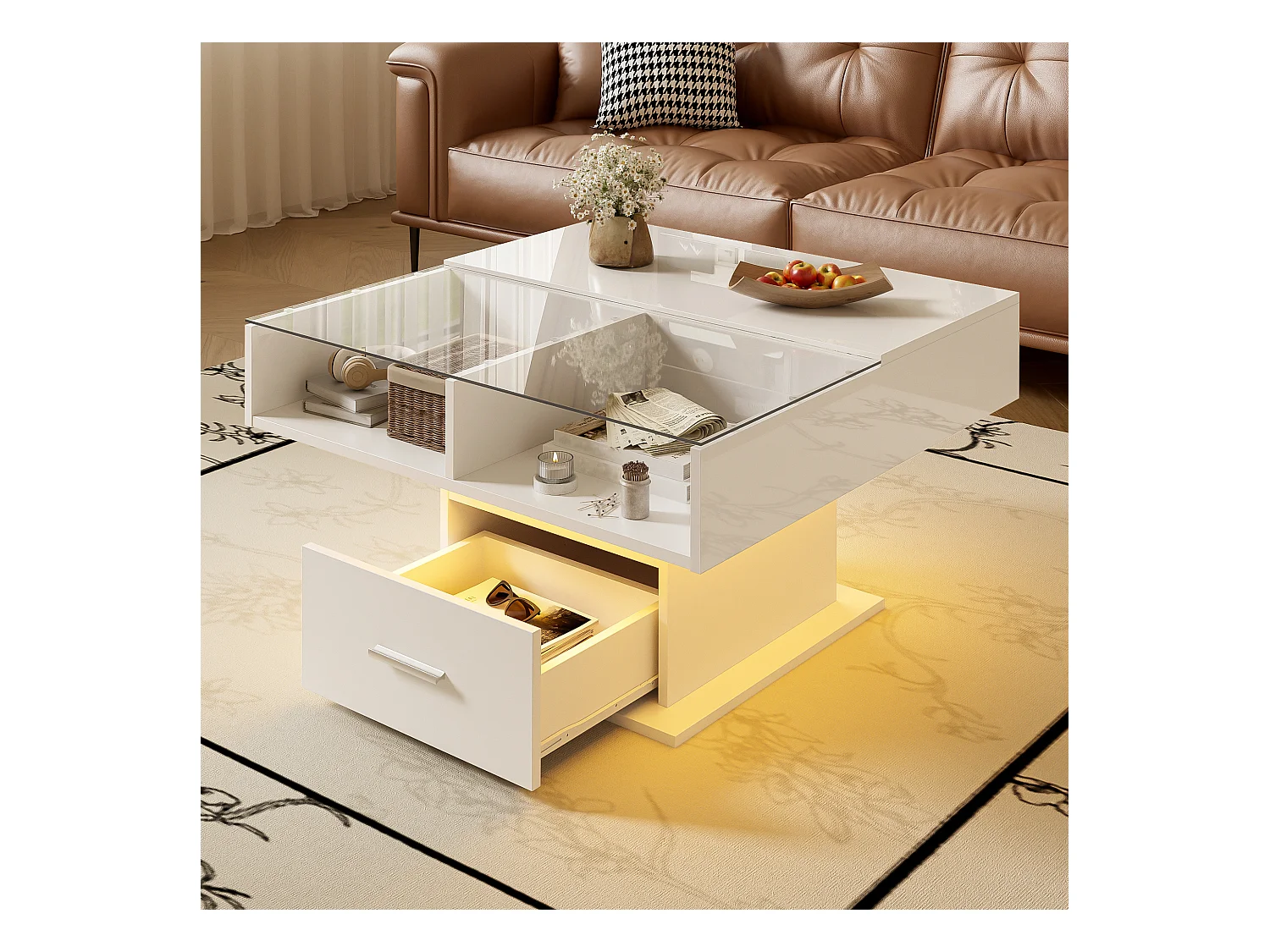 Table basse relevable Table basse blanc avec 1 tiroir et éclairage LED à intensité variable