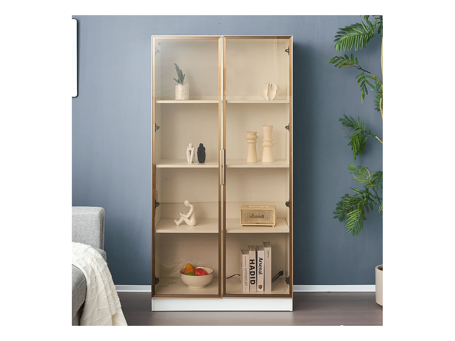 Vitrine LED 16 couleurs, 80x40x160 cm, avec 2 portes vitrées et étagères réglables, blanc - pour salon et bureaux