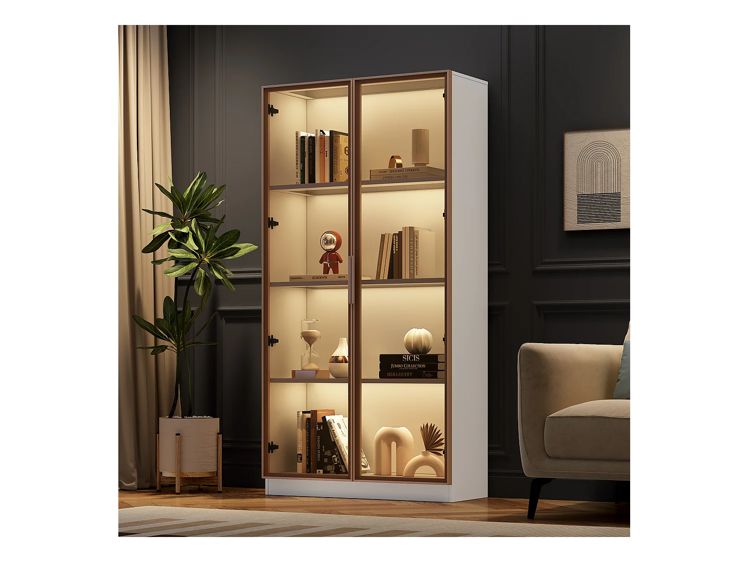 Vitrine LED 16 couleurs, 80x40x160 cm, avec 2 portes vitrées et étagères réglables, blanc - pour salon et bureaux