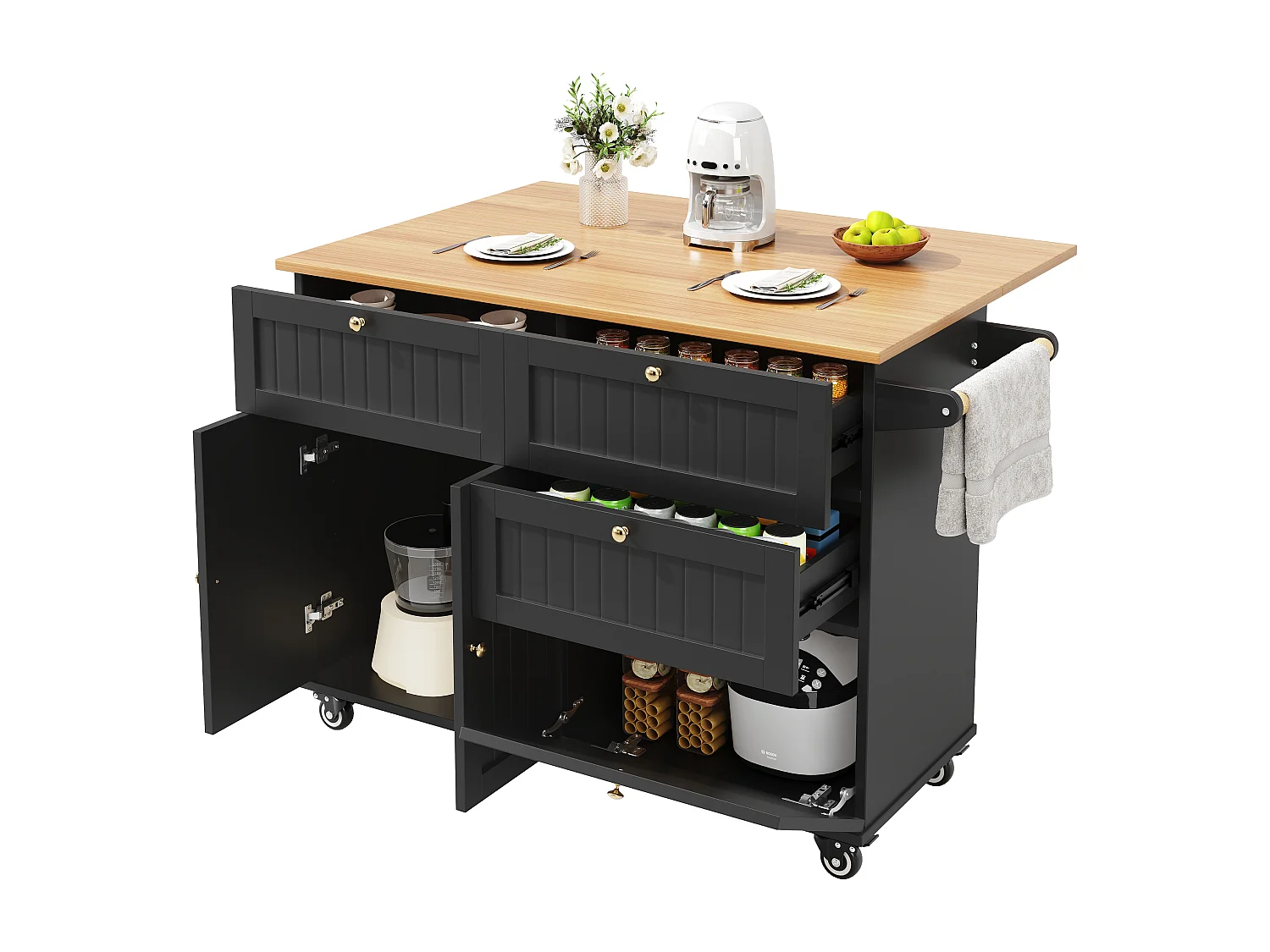 Schwarzer Küchenwagen mit klappbarer Arbeitsplatte in Holzoptik und Stauraum – ideal für Wohnzimmer und Küchen