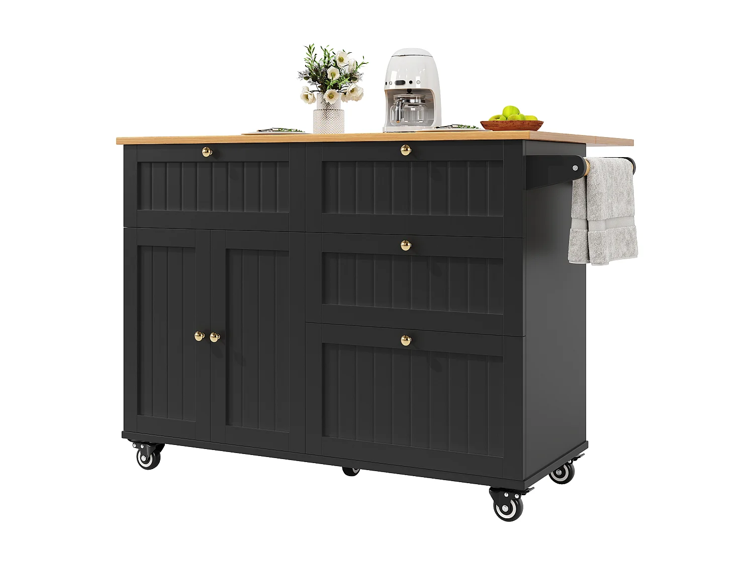 Schwarzer Küchenwagen mit klappbarer Arbeitsplatte in Holzoptik und Stauraum – ideal für Wohnzimmer und Küchen