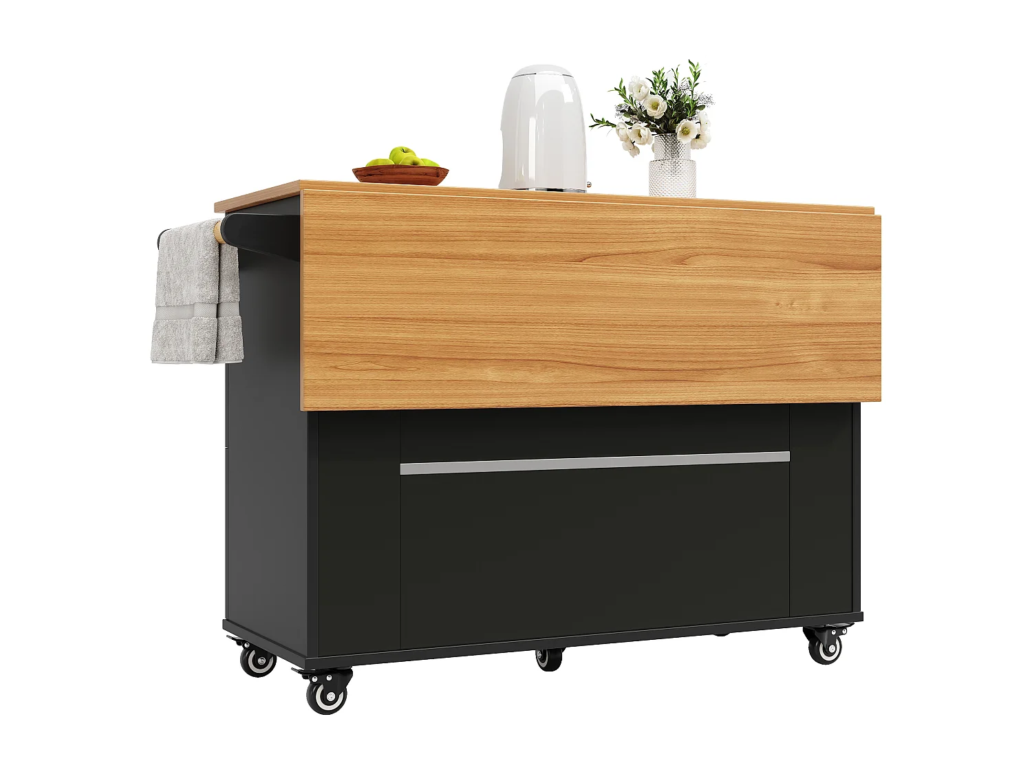 Schwarzer Küchenwagen mit klappbarer Arbeitsplatte in Holzoptik und Stauraum – ideal für Wohnzimmer und Küchen