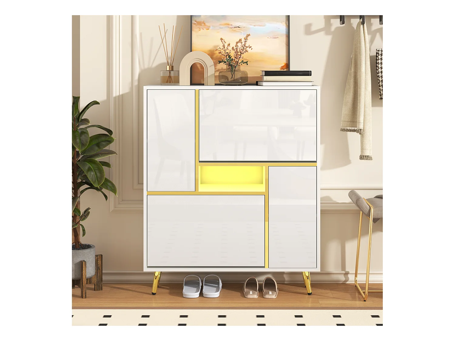 Meuble à chaussures blanc avec éclairage LED 16 couleurs et pieds dorés - pour entrée et salon