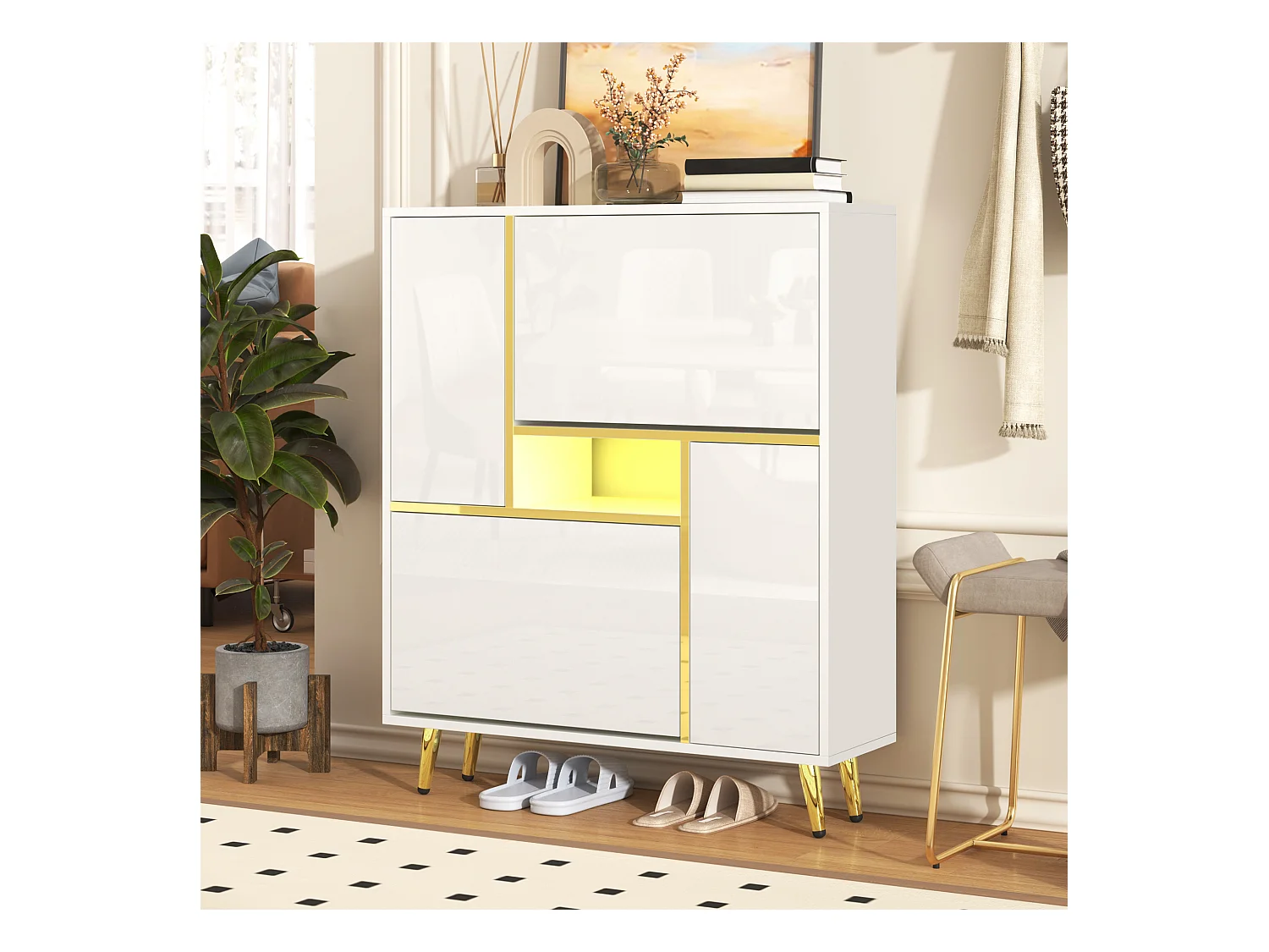 Meuble à chaussures blanc avec éclairage LED 16 couleurs et pieds dorés - pour entrée et salon