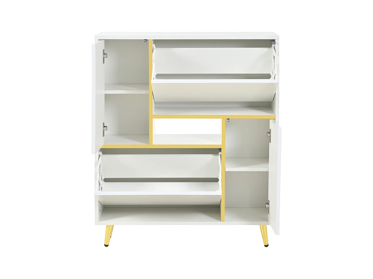 Meuble à chaussures blanc avec éclairage LED 16 couleurs et pieds dorés - pour entrée et salon