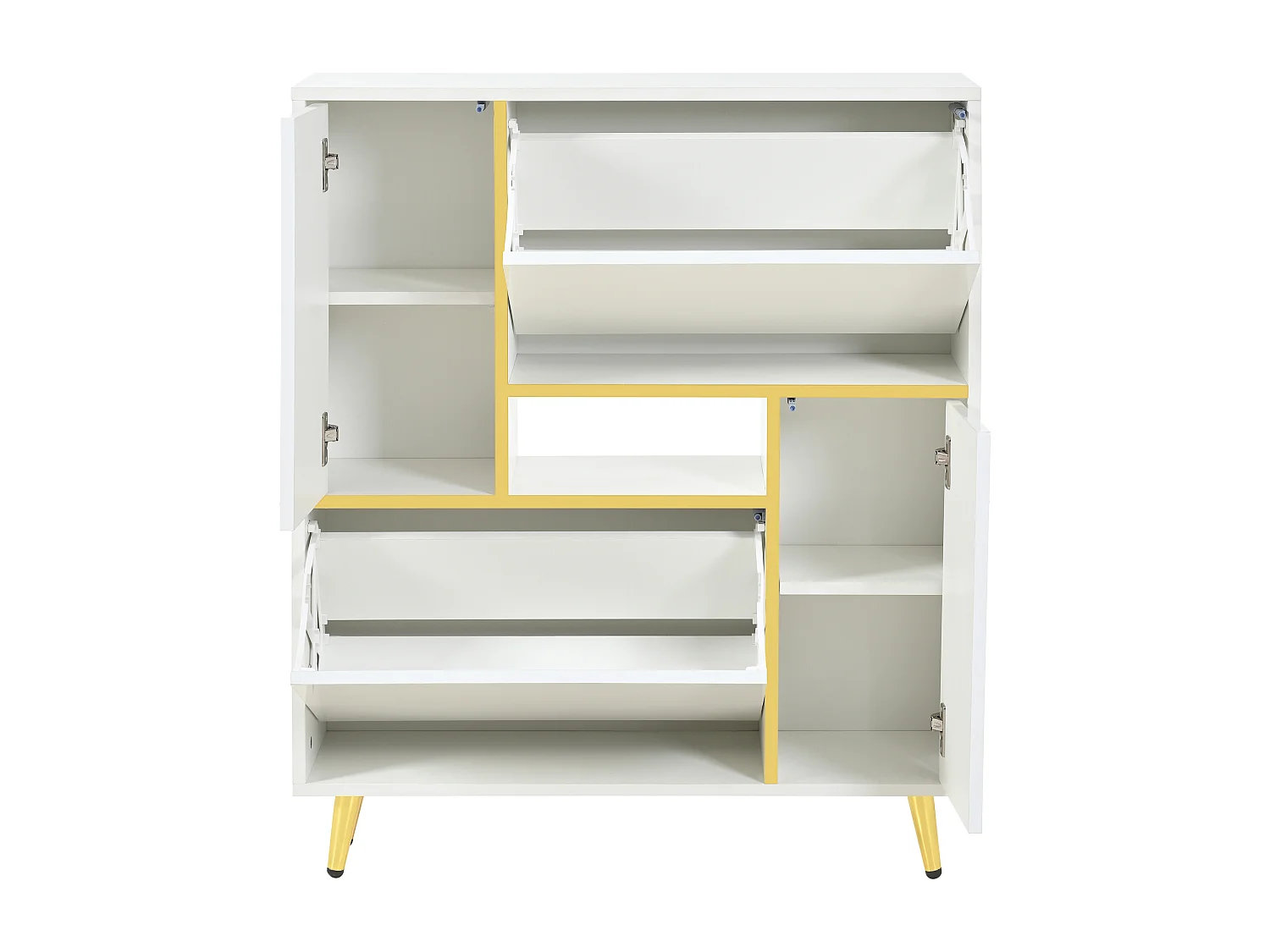 Meuble à chaussures blanc avec éclairage LED 16 couleurs et pieds dorés - pour entrée et salon