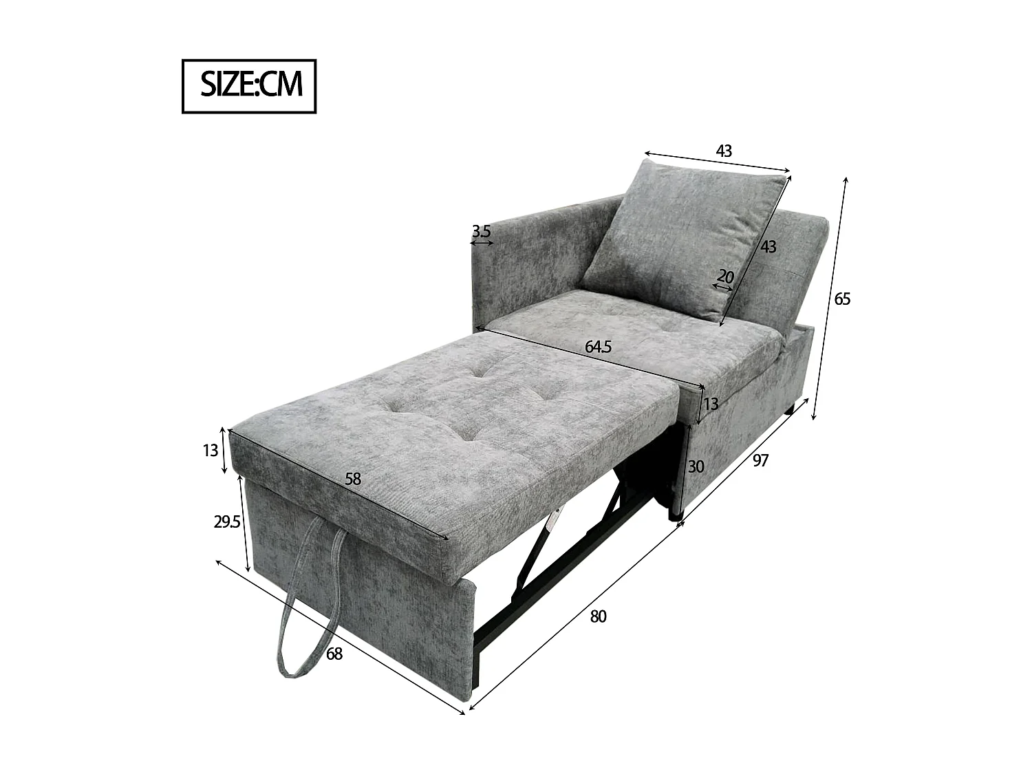 Canapé convertible, canapé rembourré avec dossier réglable, lin gris - pour salon et chambre