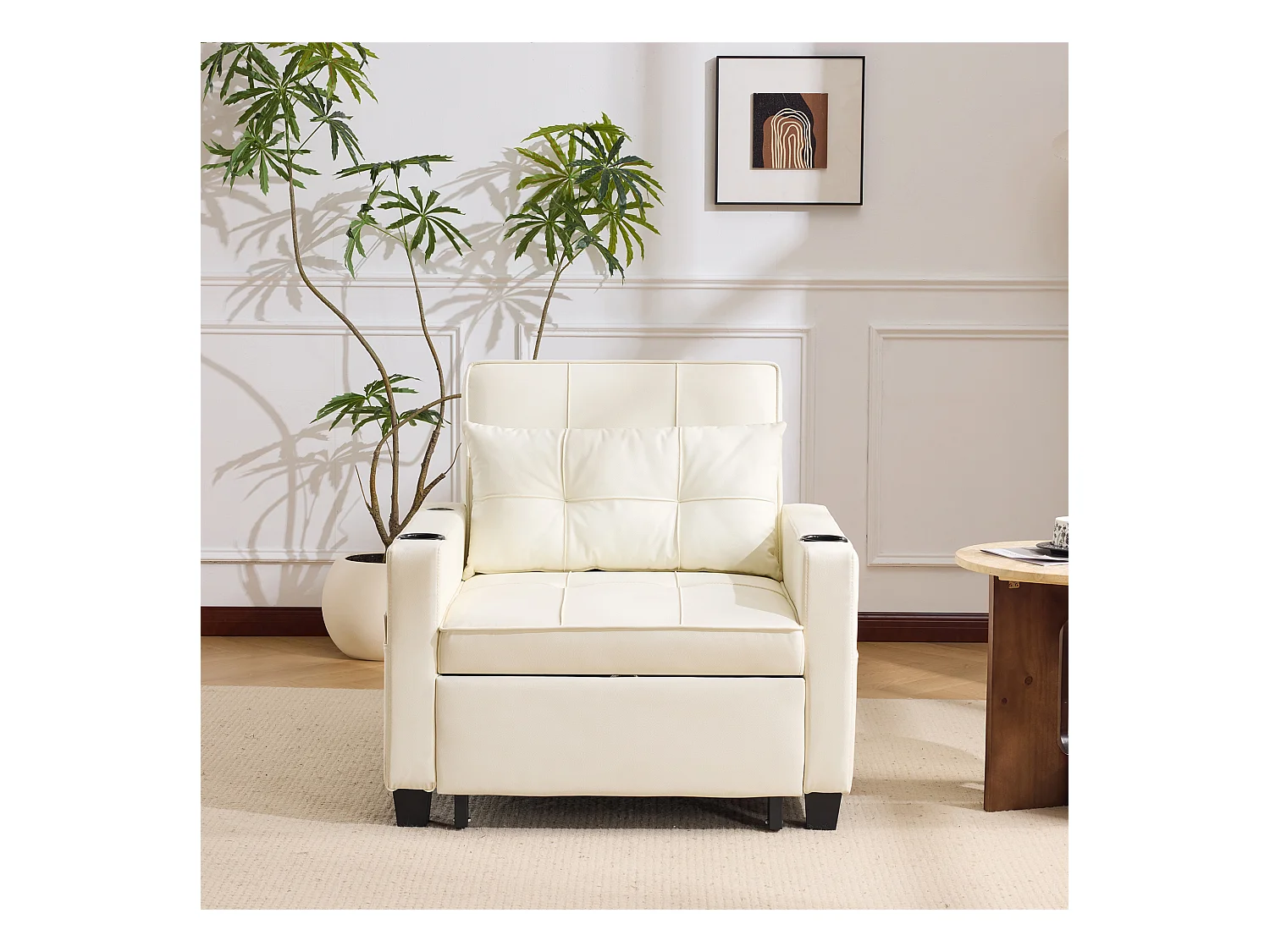 Canapé 1 place en similicuir blanc avec port USB et porte-gobelet -Convertible en lit ou chaise longue