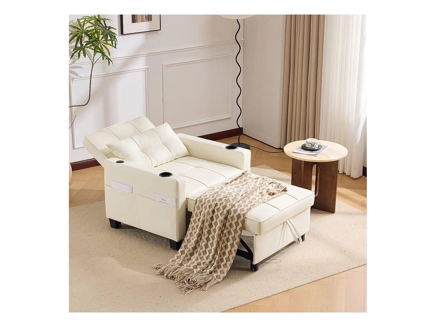 Canapé 1 place en similicuir blanc avec port USB et porte-gobelet -Convertible en lit ou chaise longue