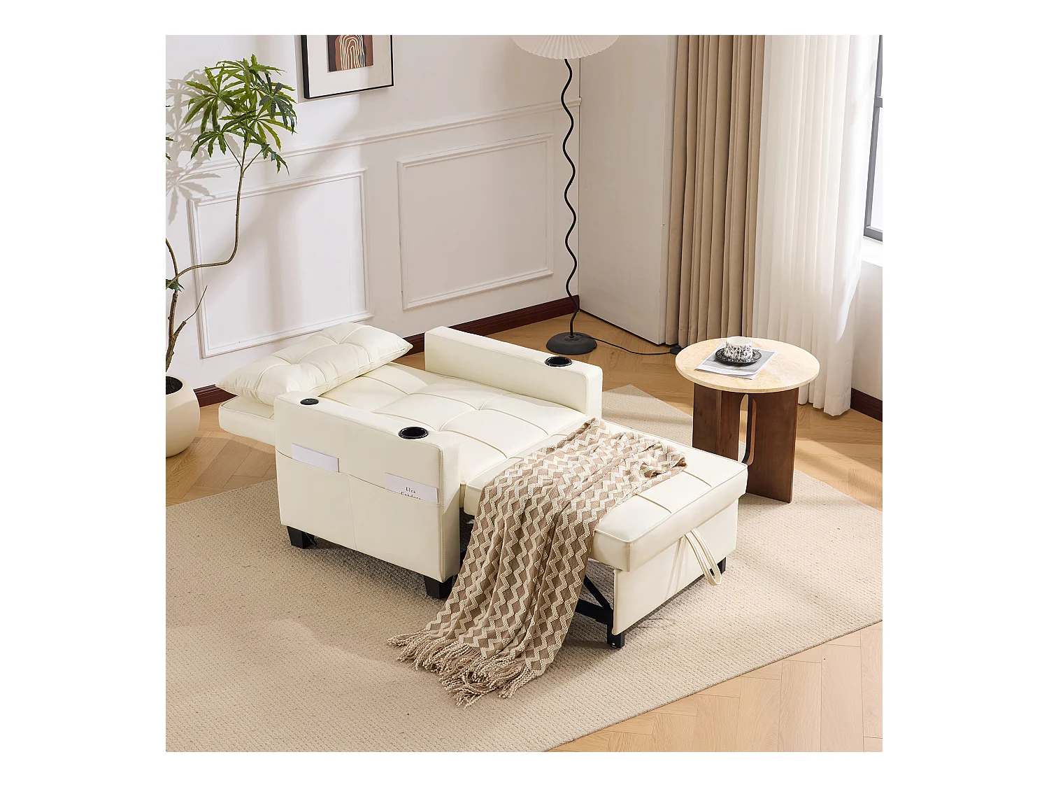 Canapé 1 place en similicuir blanc avec port USB et porte-gobelet -Convertible en lit ou chaise longue