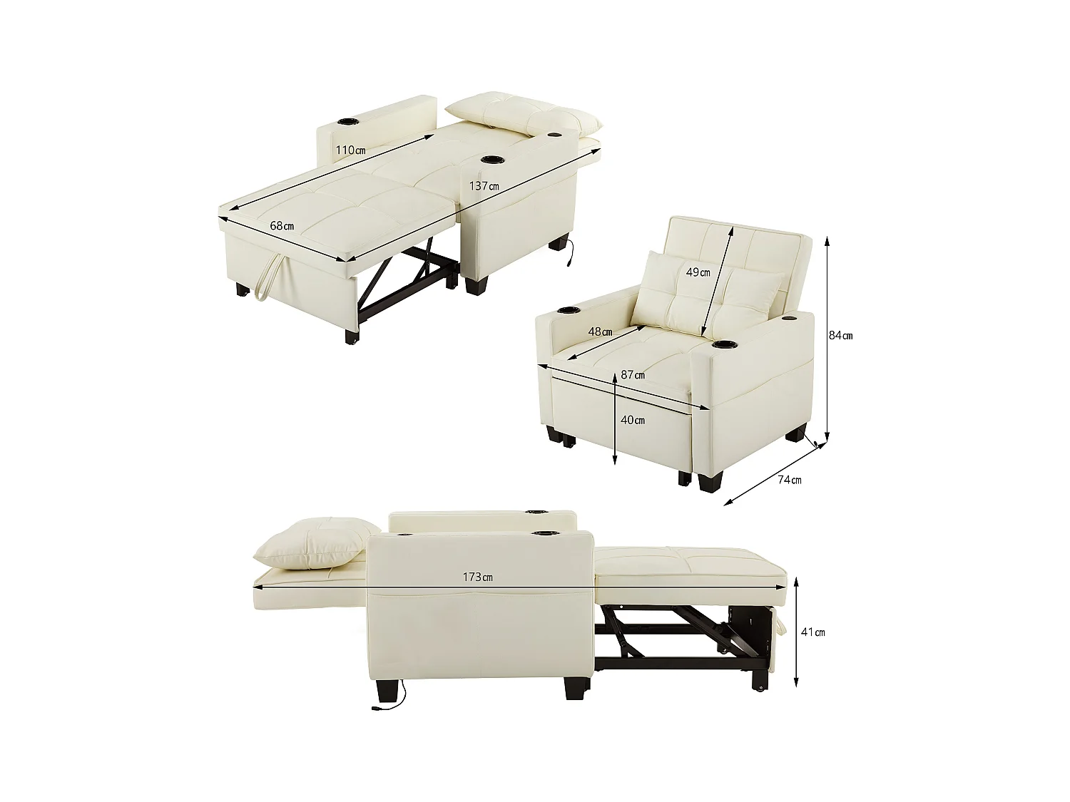 Canapé 1 place en similicuir blanc avec port USB et porte-gobelet -Convertible en lit ou chaise longue