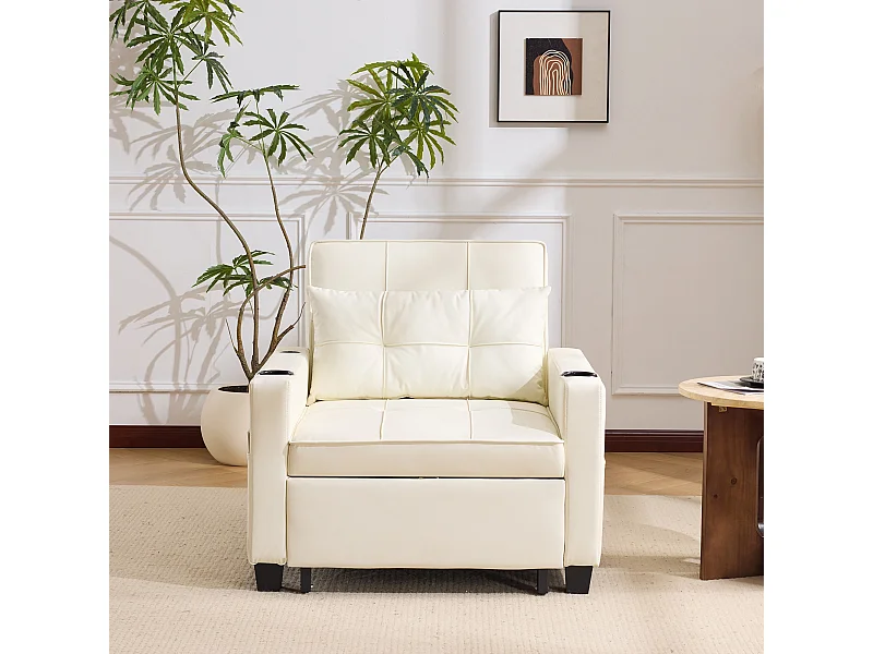 Canapé 1 place en similicuir blanc avec port USB et porte-gobelet -Convertible en lit ou chaise longue